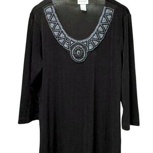 Chicos Travelers Black Beaded Slinky Tunic Large (Chicos 2) Stretch Womens Top